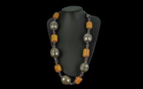 Tribal Art - Excellent Quality Handmade Silver Bauble and Butterscotch Amber Beaded Necklace, with