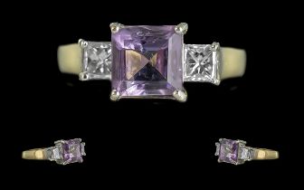 Ladies - Excellent Quality 18ct Gold Diamond and Amethyst Set 3 Stone Ring. Full Hallmark to