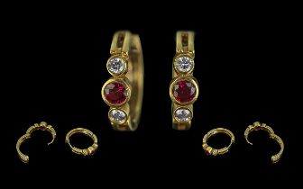 Ladies Pair of Fine Quality 18ct Gold Ruby and Diamond Set Earrings. Marked 750 - 18ct. The