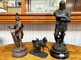 Bronzed Effect Cavalier Statue with Horse, height 7.5'', together with two spelter figures, one of a