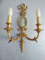 Four Ormulu & Wedgwood Jasper Light Fittings, twin candle fittings with oval Jasper plaque to centre