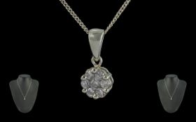 Ladies Elegant 9ct White Gold & Diamond Set Cluster Pendant - Attached to a 9ct White Gold Chain.