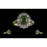 Ladies Fine Quality 18ct Gold Green Tourmaline and Diamond Set Cluster Ring. Marked 18ct to Interior