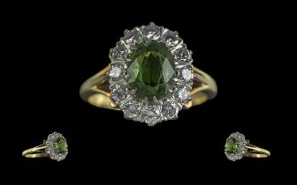 Ladies Fine Quality 18ct Gold Green Tourmaline and Diamond Set Cluster Ring. Marked 18ct to Interior