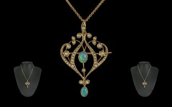 Antique Period Attractive and Exquisite Ladies 9ct Gold Open Worked Pendant/Brooch - Set with seed