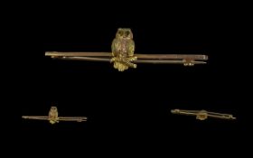 Antique Period Naturalistic 9ct Gold ' Barn Owl ' Stick Brooch. Marked 9ct. The Little Barn Owl of