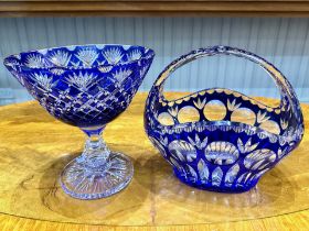 Blue Cased Glass Footed Bowl, on clear glass pedestal, 9'' high x 9'' diameter, together with a blue