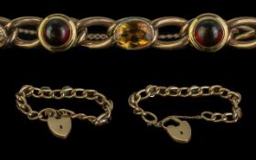 Antique Period - Attractive 9ct Gold Gem Set Bracelet with Heart Shaped Padlock and Safety Chain.