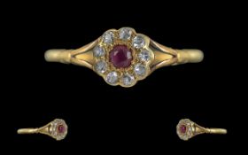 Antique Period 18ct Gold Attractive Petite Ruby and Diamond Set Cluster Ring, Pleasing Design /