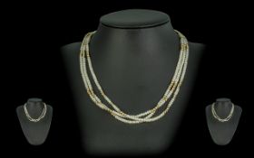 Triple Strand 9ct Gold and Pearl Necklace. Pearl and Gold Triple Strand Necklace, Pearls of Good