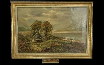 Victorian Oil On Canvas. Mountain Landscape With River And Cottage. Signed And Dated Lower Right 79.