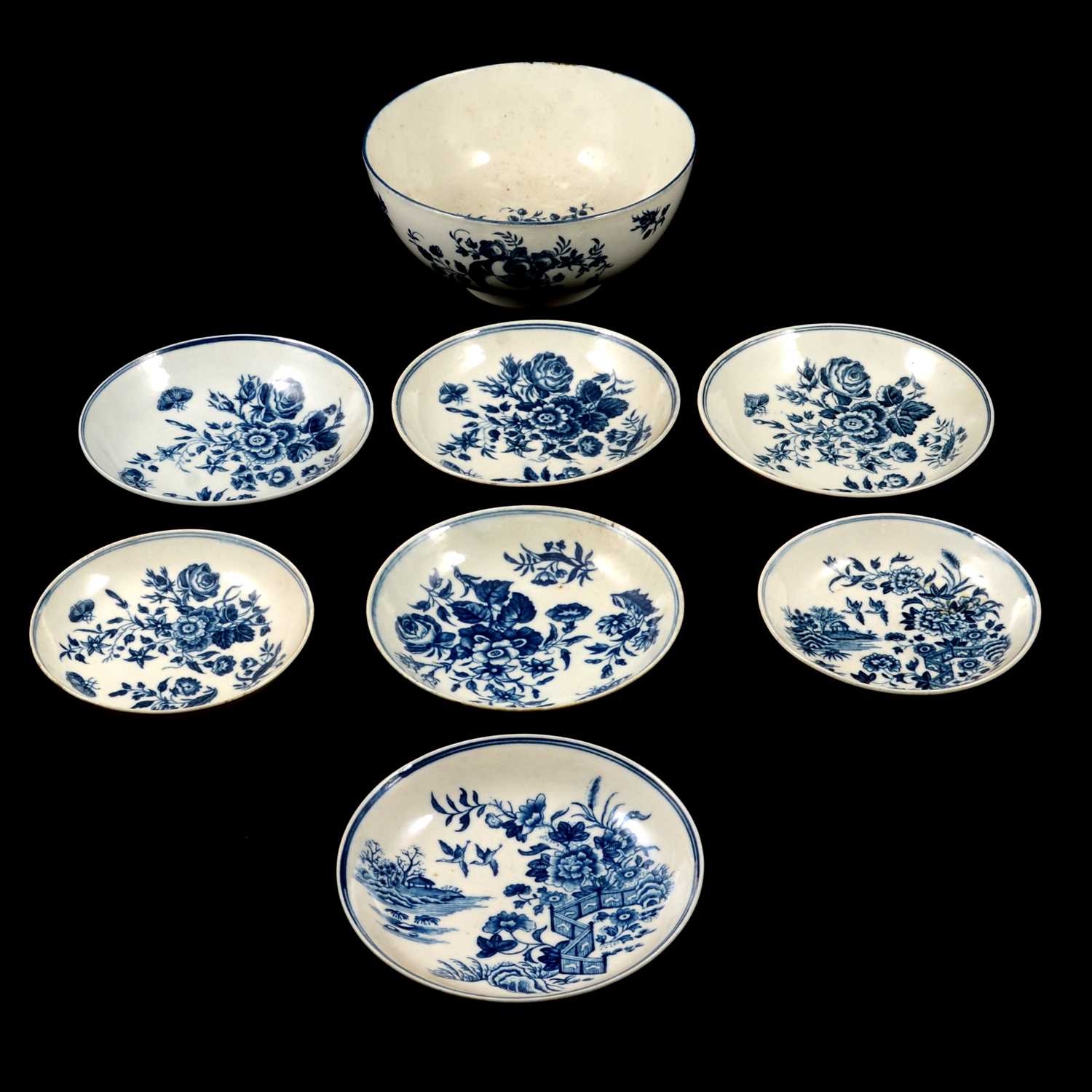 First Period Worcester porcelain blue and white basin and saucers