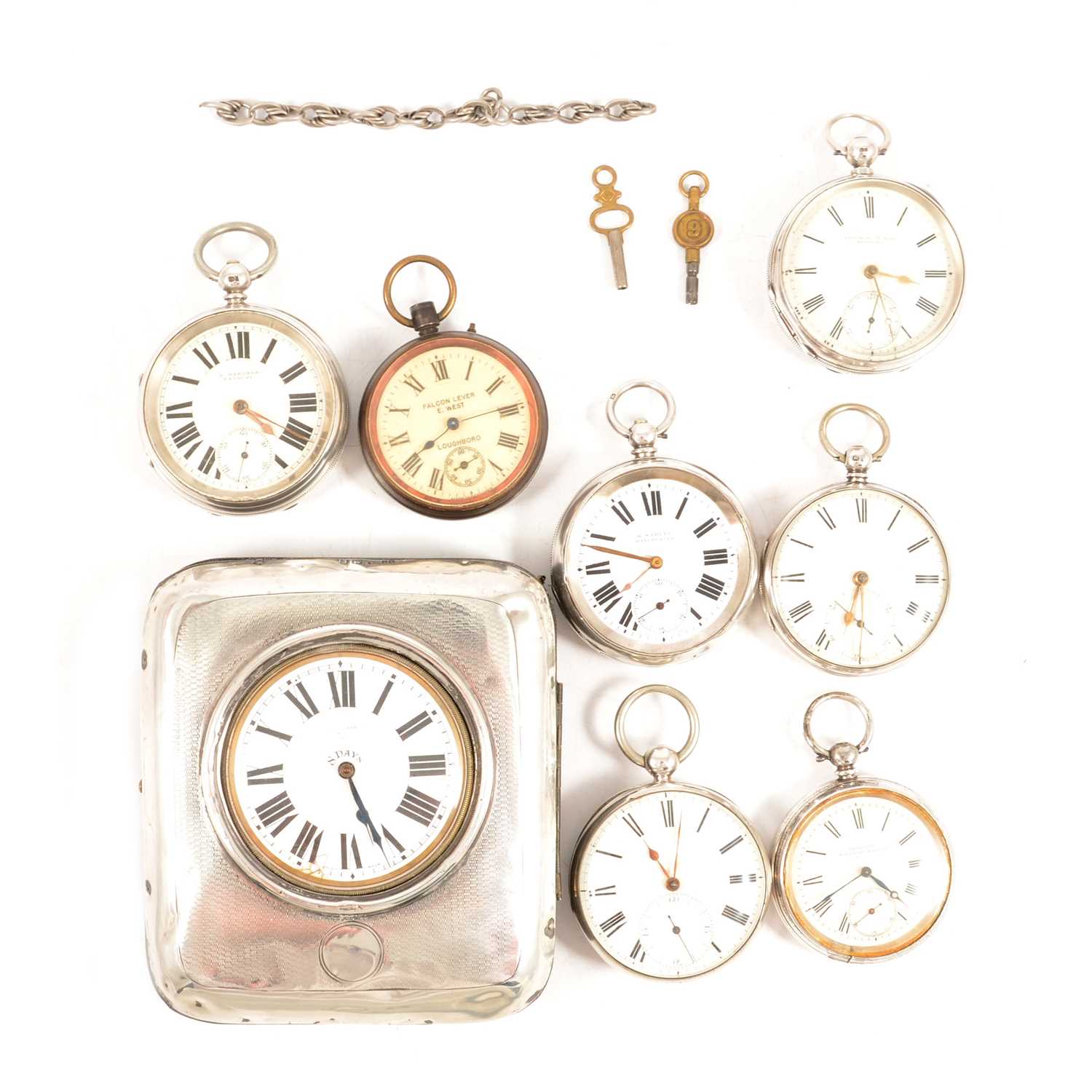 A Goliath pocket watch in a travelling case, and seven silver and base metal pocket watches