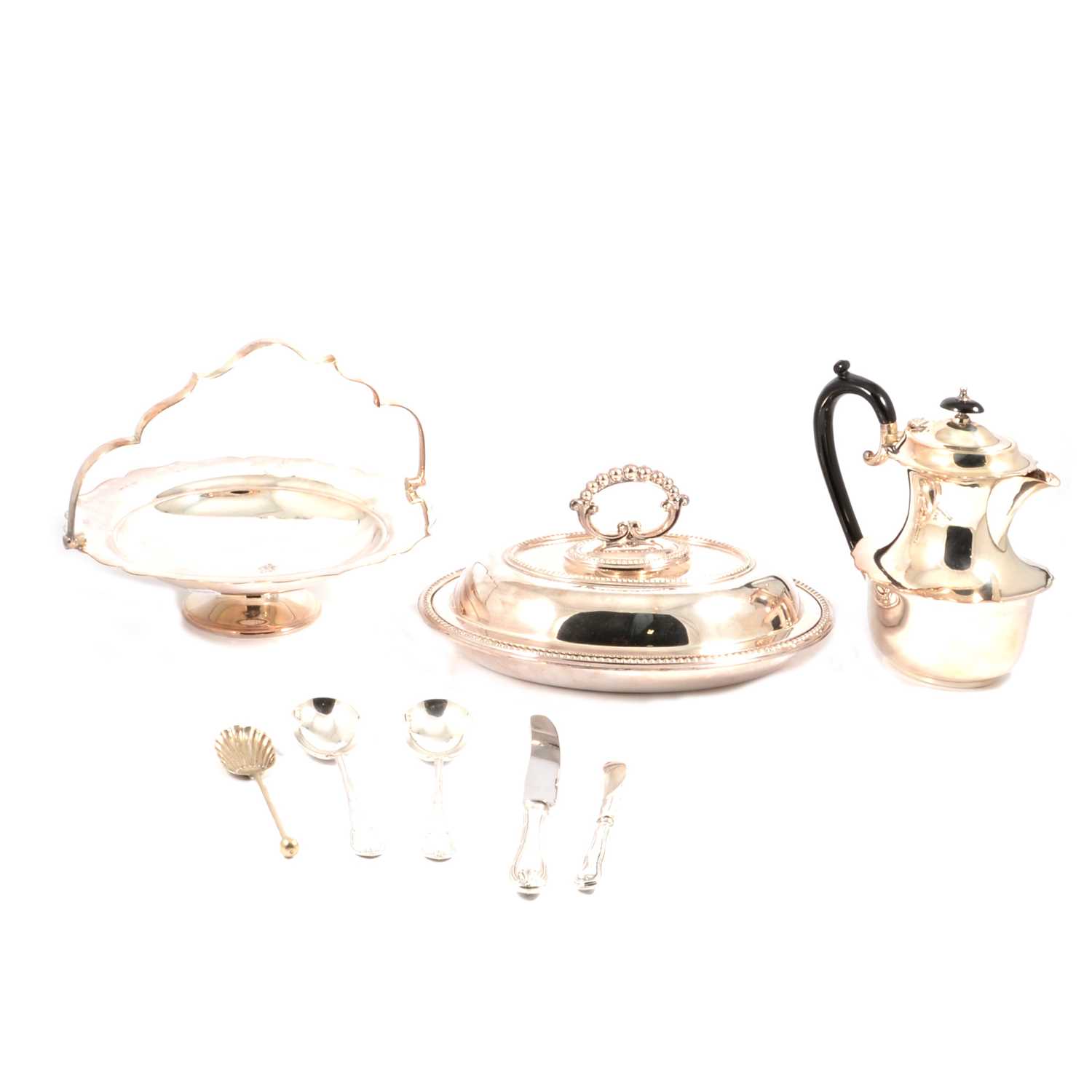 A silver-plated four piece teaset, entree dish, flatware, cake stand, pair of goblets.
