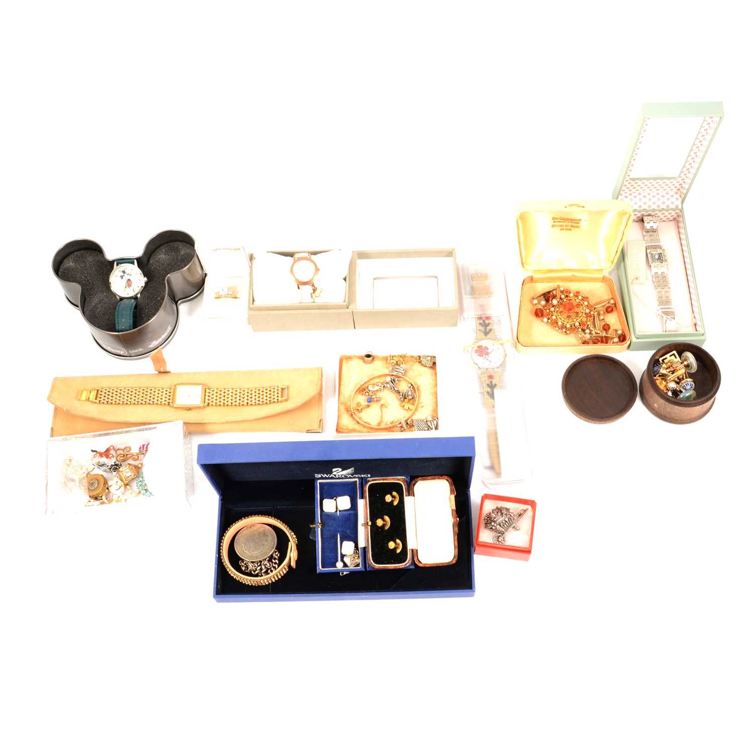 Modern and vintage costume jewellery, wristwatches, cufflinks and studs.