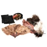 Ostrich feathers, velvet embroidered hat, pair of splats, and drawstring purse.