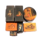 Seven snuff boxes, Mauchline, miniature etc.