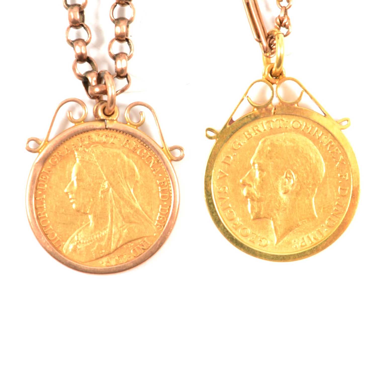 Two Gold Half Sovereign Coin pendants and chains.