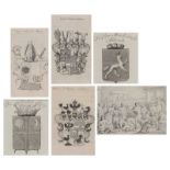 John Wood, Classical scene of a trail, pencil and wash, and five Antiquarian prints of Armorial Coat