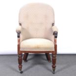 Victorian mahogany club chair, open scrolled arms