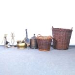 Large cane log basket, fireside accessories,
