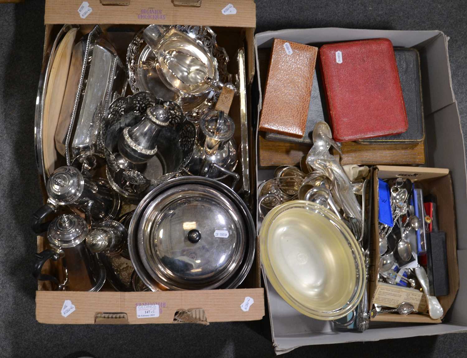 Silver-plated wares, two boxes including two Georgian style coffee pots - Image 2 of 2