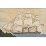 Victorian long stitch needlework picture of a masted ship