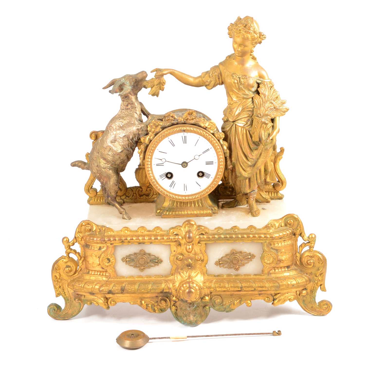 A 19th century gilt spelter and onyx figural mantel clock