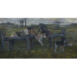 Jean Terry, Hounds in pursuit jumping a fence.