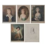 Four mezzotint portraits and an engraving