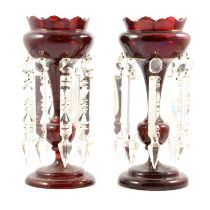 Pair of ruby glass lustres with prisms, and a Chinese agate ornamental tree