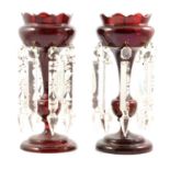 Pair of ruby glass lustres with prisms, and a Chinese agate ornamental tree