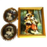 Painted porcelain plaque of couple in 17th century attire, and two portrait miniatures.