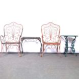 Pair of wirework garden chairs, similar square table and a cast metal circular table.