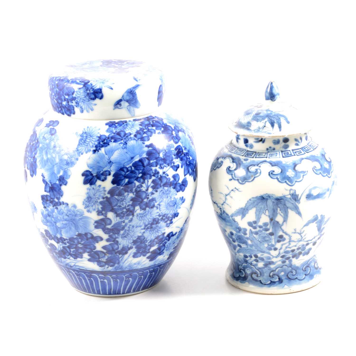 Chinese porcelain blue and white ginger jar and cover, and another covered jar