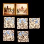 Five Minton tiles by John Moyr Smith, and two hand-painted tiles