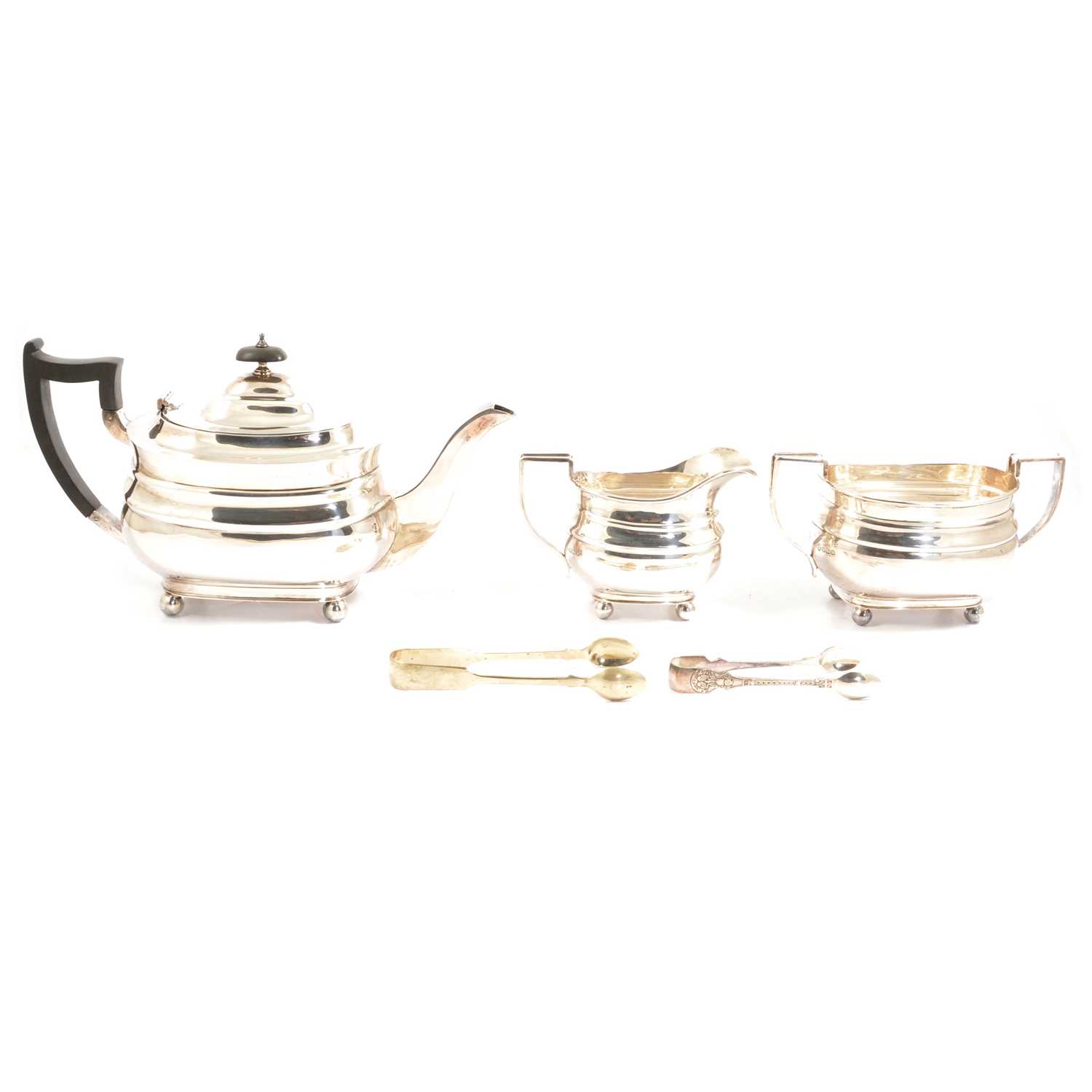 Three-piece silver teaset, Jay, Richard Attenborough Co Ltd, Sheffield 1939, and plated sugar tongs.