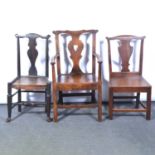 Set of six 18th century oak dining chairs, plus a carver, and two associated chairs