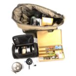 Quantity of modern fishing equipment, including bags, nets, fly reels, etc