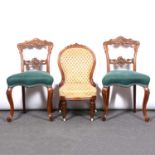 Set of six Victorian walnut salon chairs and a nursing chair,