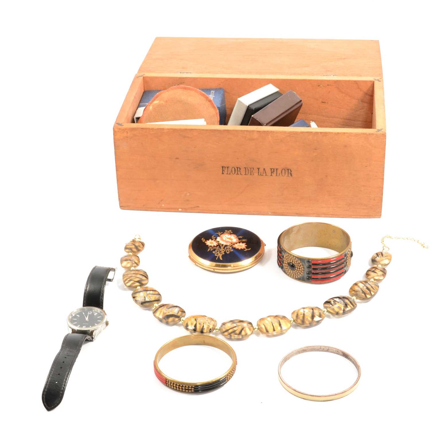 White metal and costume jewellery, wristwatches, compact.
