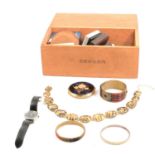 White metal and costume jewellery, wristwatches, compact.