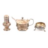 Georgian silver mustard pot, pepper pot and salt.