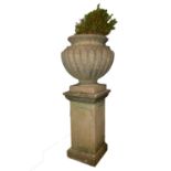 Stone urn form planter, on a three-section pedestal