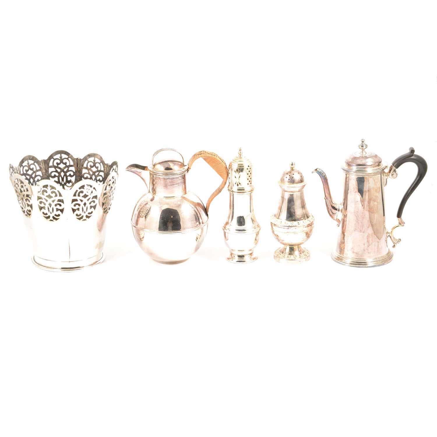 Silver-plated wares, two boxes including two Georgian style coffee pots