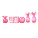 Six pieces of cranberry Glass, two Mary Gregory pieces, vases etc