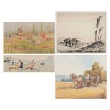 Four assorted artworks, hunting and work horse related