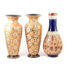 Pair of large Royal Doulton / Doulton & Slaters lace pattern vases, and another vase.