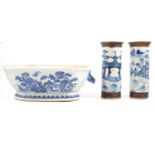 Chinese blue and white tureen, and a pair of cylindrical vases