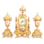 19th century style gilt metal and porcelain clock garniture